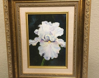 WHITE IRIS Framed and Matted Still Life Oil on Canvas