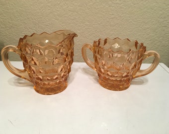 Indiana Colony Whitehall Crystal Glass Peach Creamer and Sugar Set