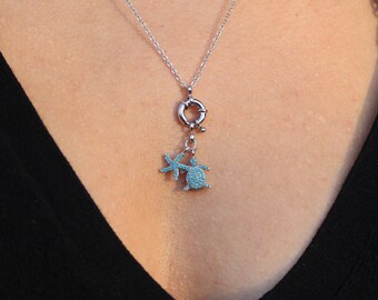 Sterling Silver Sea Turtle Necklace: Zircon Starfish Charm, christmas gift Jewelry