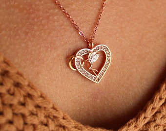 Rose Gold Angel Heart Necklace: Zirconia Cupid Pendant