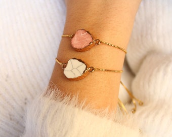 Handgemachtes 14k Vergoldetes Achat Slider Armband: Pfirsich & Weisser Edelstein