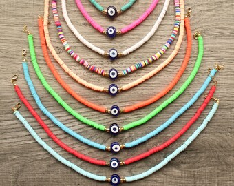 Heishi Evil Eye Necklace: Colorful Beaded Summer Jewelry