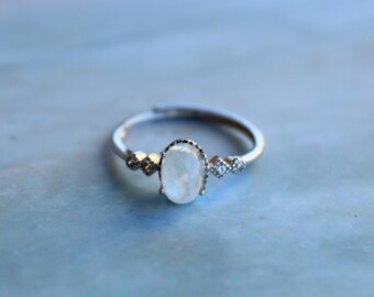 Dainty Sterling Silver Moonstone Ring: Adjustable Gemstone
