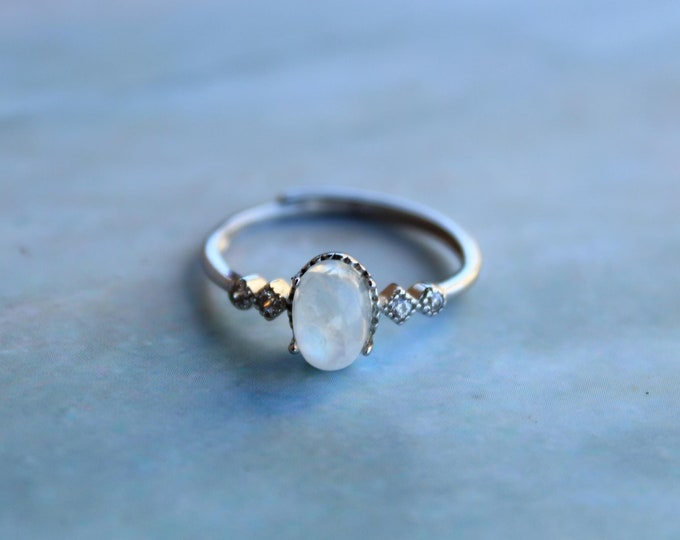 Featured listing image: Dainty 925 sterling silver moonstone ring, Gemstone engagement ring, Minimalist Natural Rainbow Moonstone, Adjustable everyday ring