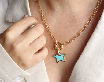 Gold Filled Star Necklace: Enamel Charm, Paperclip Chain
