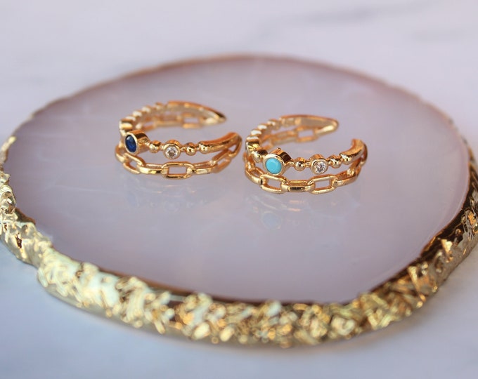 Featured listing image: Dainty Minimalist Ring, Turquoise Zircon Ring, Stackable Ring, Gold filled Sapphire Adjustable Gemstone Statement Ring, Cz diamond rings
