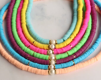 Heishi Bead & Freshwater Pearl Necklace: Boho Vinyl Disc Jewelry