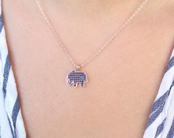 Sterling Silver Elephant Necklace: Rose Gold Filled, Zircon Good Luck Jewelry, Christmas gift