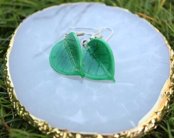 Handmade Fused Glass Leaf Earrings: Minimalist Dangle Jewelry