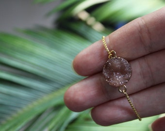 Brown Druzy Agate Bracelet: Gold Sterling Silver, Protection Jewelry