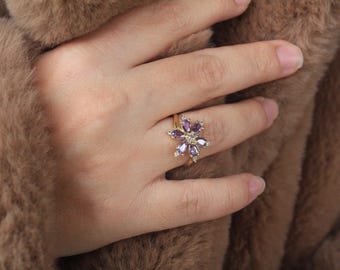 Purple Zircon Flower Ring, Gold Filled Floral Statement Ring, Dainty CZ Jewelry, Gift for Her, Floral Crystal ring