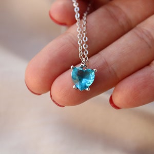 Zircon Silver Heart Necklace, Blue Heart Necklace Gift For Her, Love Pendant, Crystal Heart for her image 1