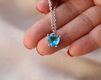 Zircon Silver Heart Necklace, Blue Heart Necklace Gift For Her, Love Pendant, Crystal Heart for her