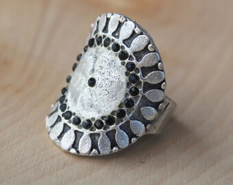 Victorian Style Sterling Silver Ring, CZ Diamond Adjustable Boho Jewelry