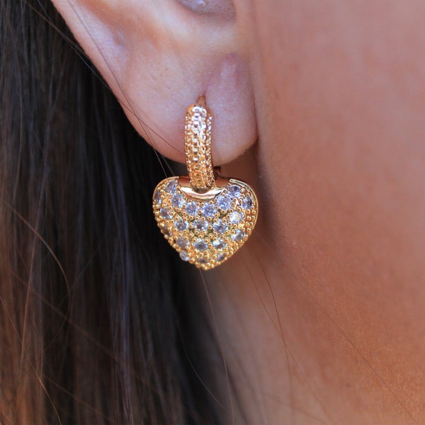 Zircon Stone 18k Gold filled Heart Earrings, Dainty Dangle Hoop Earrings, Cz Diamond Huggie Hoop Trendy Earring