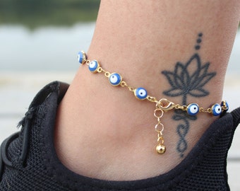 Blue Evil Eye Anklet: 18k Gold Filled Protection Ankle Bracelet