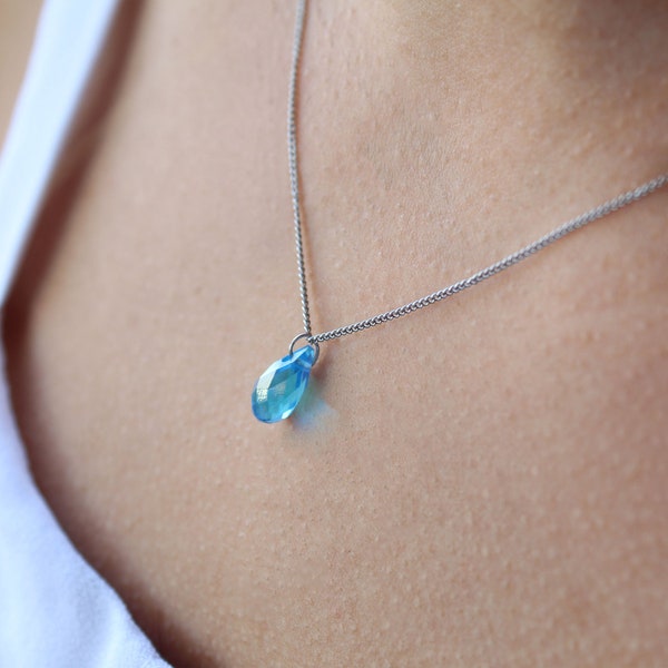 Blue Teardrop Swarovski Crystal Necklace, Silver Chain, Dainty Minimalist Necklace