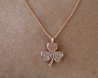 Rose Gold Clover Necklace: CZ Diamond Lucky Charm Pendant Christmas gift