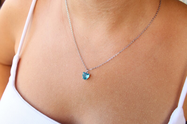 Zircon Silver Heart Necklace, Blue Heart Necklace Gift For Her, Love Pendant, Crystal Heart for her image 2