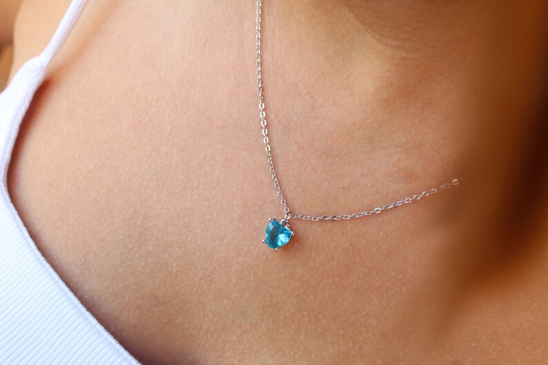 Zircon Silver Heart Necklace, Blue Heart Necklace Gift For Her, Love Pendant, Crystal Heart for her image 9