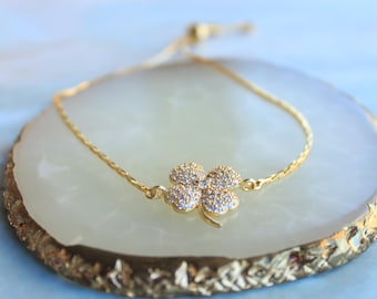 18k Gold Filled Four Leaf Clover Bracelet: Zirconium Stone Lucky Charm