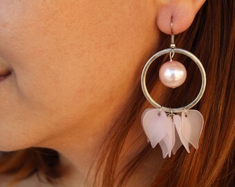 Handmade Pink Pearl Drop Earrings: Silver Hoop, Minimalist Statement