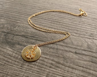 Handmade Gold-Filled Disk Necklace: Snowflake Charm, Minimalist Style