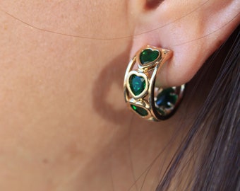 Green Zircon Heart Hoop Earrings: 18k Gold Filled, Dainty Gift