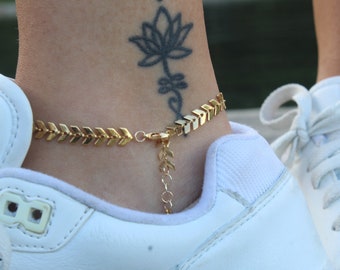 18k Gold Filled Chevron Anklet: Feather Leaf Chain Bracelet