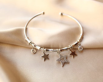 Handmade Star Cuff Bracelet: Zircon & Stainless Steel Bangle