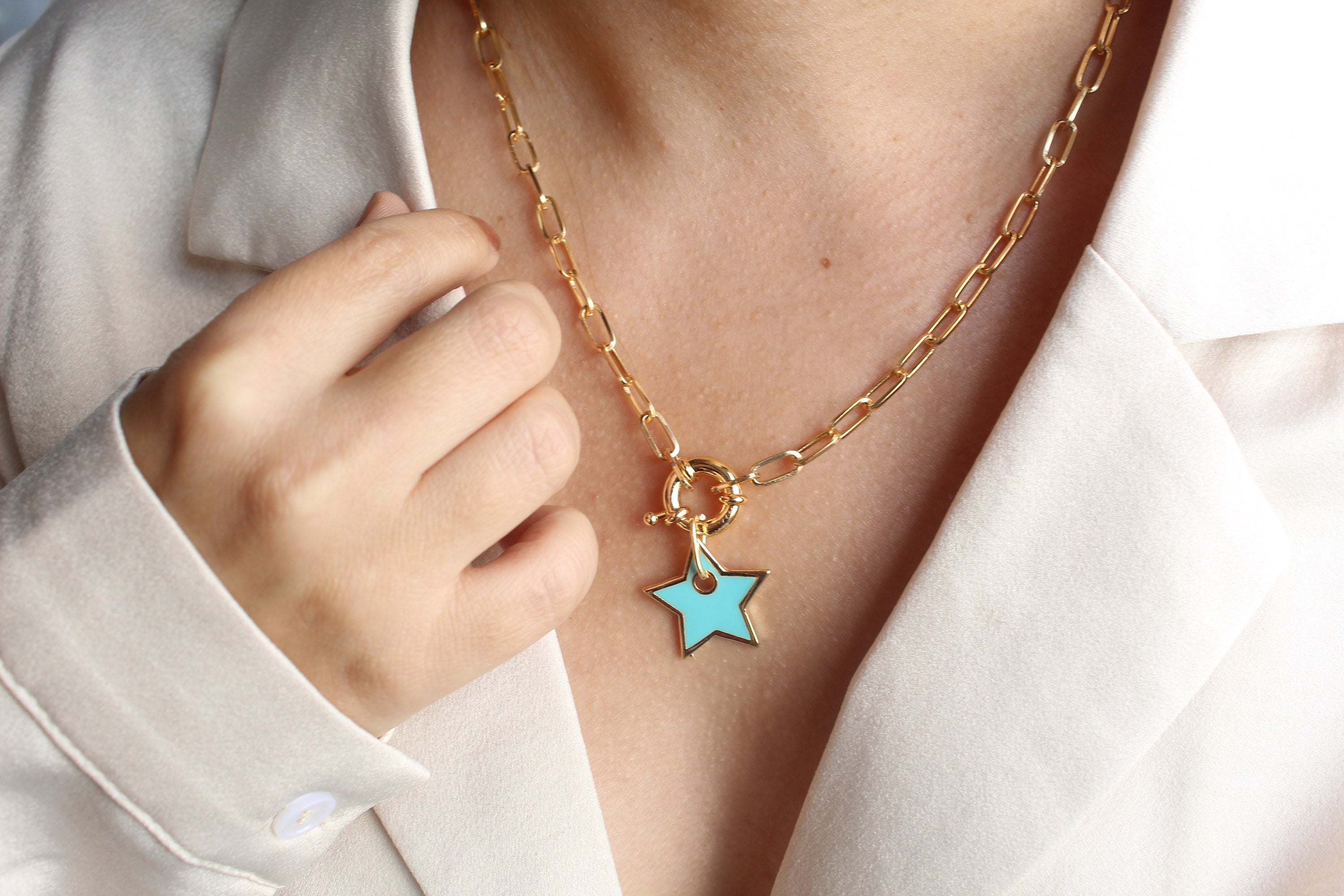 Star Necklace Gold, Paperclip Chain, Gift for her, Dainty Enamel jewelry,  Best Friends trendy necklace, New year gift, New Year Gift Idea