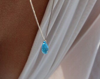 Blue Teardrop Swarovski Crystal necklace, Silver Chain Blue Stone necklace, Minimalist dainty Necklace, Handmade gift, New Year Gift