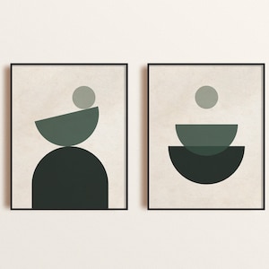 Mid Century Modern Printable Wall Art Set of 2, Sage Green Abstract Geometric Digital Download Prints, Forest Green Wall Art, Minimal Art
