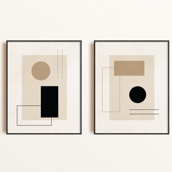 Mid Century Modern Printable Wall Art Set of 2, Neutral Geometric Shapes Art, Modern Geometric Wall Art, Black Beige Abstract Boho Art Print