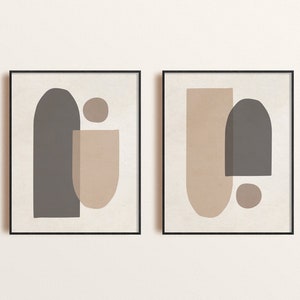 Mid Century Modern Art Print Set of 2, Neutral Geometric Shapes Wall Art, Minimal Abstract Art Print Set, Digital Print Boho Decor Wall Art