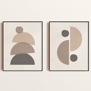 Mid Century Modern Art Print Set of 2, Neutral Geometric Shapes Wall Art, Minimal Abstract Art Print Set, Digital Print Boho Decor Wall Art