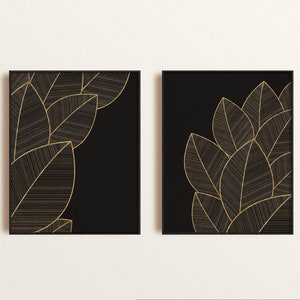 Black and Gold Wall Art, Modern Printable Wall Art Set of 2, Leaf Art ...