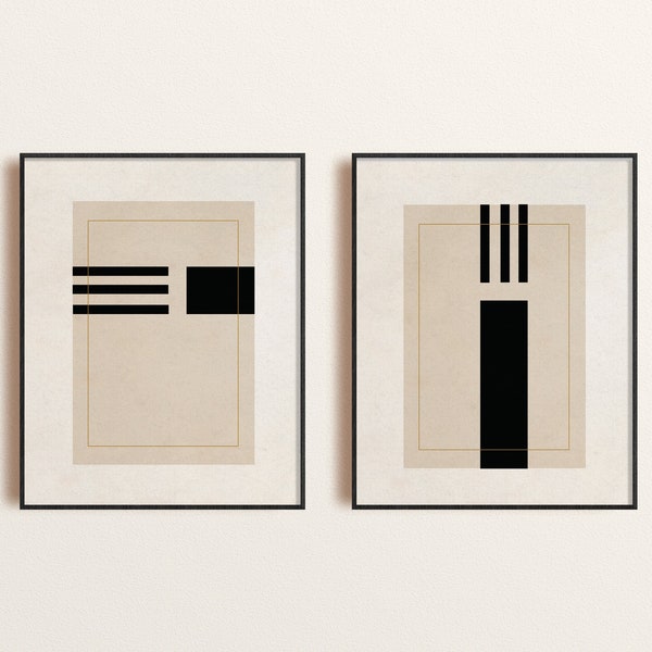 Impresión de arte de pared abstracto moderno et de 2, arte de formas geométricas en negro y beige, arte de pared moderno imprimible, impresión de arte abstracto mínimo digital