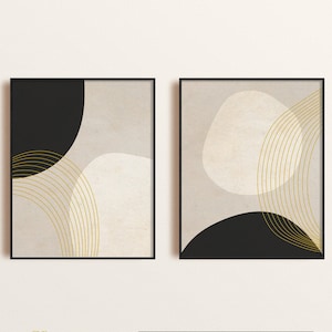 Conjunto de impressão de arte de parede abstrata moderna de 2, arte de formas geométricas pretas e douradas, arte de parede moderna imprimível, impressão de arte abstrata mínima digital