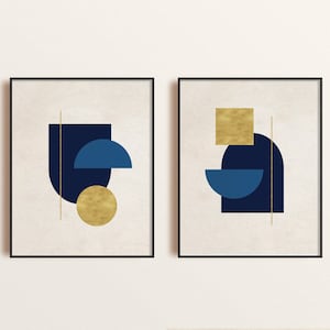Mid Century Modern Printable Wall Art Set of 2, Neutral Abstract Geometric Digital Download Prints, Blue Gold Abstract Art Set, Minimal Art
