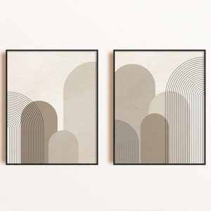 Mid Century Modern Wall Art Print Set of 2, Neutral Geometric Shapes Art, Printable Wall Art, Abstract Beige Art Print Digital, Boho Decor