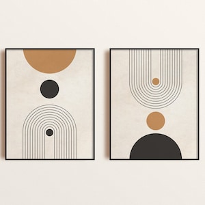 Mid Century Modern Printable Wall Art Set of 2, Neutral Geometric Shapes Art, Boho Decor Art, Abstract Art Print, Digital Download Prints
