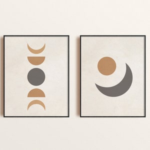 Moon Phases Art Set of 2 , Mid Century Lunar Phase Wall Art, Mid Century Modern Printable Wall Art, Abstract Moon Art Home Decor, Moon Print