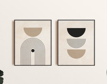 Mid Century Modern Printable Wall Art Set of 2, Neutral Geometric Shapes Art, Modern Geometric Wall Art, Black Beige Abstract Boho Art Print
