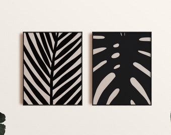 Impresión de arte de pared abstracta Juego de 2, Arte de pared de hoja botánica, Arte negro y beige, Arte de pared moderno imprimible, Descarga digital, Impresión de hoja Boho