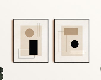 Juego de arte de pared imprimible moderno de mediados de siglo de 2, arte de formas geométricas neutras, arte de pared geométrico moderno, impresión de arte Boho abstracto beige negro