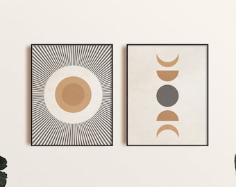 Sun and Moon Print Set of 2, Mid Century Sunburst and Moon Art Print, Sunshine Printable Wall Art, Modern Wall Art, Sun and Moon Phases Art