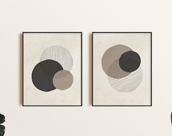 Modern Abstract Art Set of 2, Neutral Geometric Shapes Wall Art, Gray Black Minimal Abstract Art Print, Digital Print, Modern Wall Art