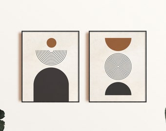 Juego de arte de pared imprimible moderno de mediados de siglo de 2, impresión de descarga digital geométrica neutral de terracota, conjunto de arte abstracto Boho, arte de pared mínimo