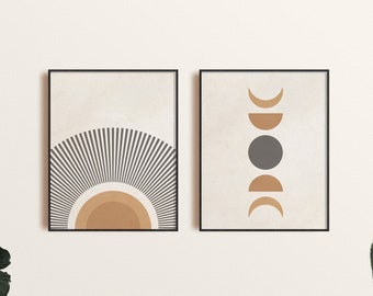 Sun and Moon Print Set of 2, Mid Century Sunburst and Moon Art Print, Sunset Printable Wall Art, Modern Wall Art, Sun and Moon Phases Art